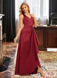 Nancy A-Line V-neck Floor-Length Satin Bridesmaid Dress With Ruffle Split Front UKP0016596