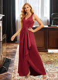 Nancy A-Line V-neck Floor-Length Satin Bridesmaid Dress With Ruffle Split Front UKP0016596