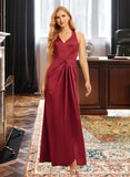 Nancy A-Line V-neck Floor-Length Satin Bridesmaid Dress With Ruffle Split Front UKP0016596