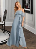 Emilie A-Line Off-the-Shoulder Floor-Length Chiffon Bridesmaid Dress With Ruffle Split Front UKP0016598