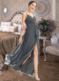 Una A-Line V-neck Floor-Length Chiffon Bridesmaid Dress With Ruffle Beading Split Front UKP0016599