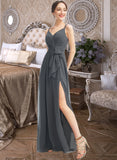 Una A-Line V-neck Floor-Length Chiffon Bridesmaid Dress With Ruffle Beading Split Front UKP0016599