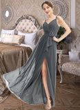 Una A-Line V-neck Floor-Length Chiffon Bridesmaid Dress With Ruffle Beading Split Front UKP0016599