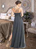 Una A-Line V-neck Floor-Length Chiffon Bridesmaid Dress With Ruffle Beading Split Front UKP0016599