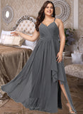 Una A-Line V-neck Floor-Length Chiffon Bridesmaid Dress With Ruffle Beading Split Front UKP0016599