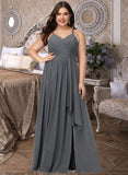 Una A-Line V-neck Floor-Length Chiffon Bridesmaid Dress With Ruffle Beading Split Front UKP0016599