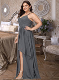 Una A-Line V-neck Floor-Length Chiffon Bridesmaid Dress With Ruffle Beading Split Front UKP0016599