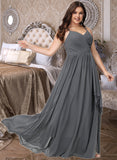 Una A-Line V-neck Floor-Length Chiffon Bridesmaid Dress With Ruffle Beading Split Front UKP0016599