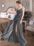 Una A-Line V-neck Floor-Length Chiffon Bridesmaid Dress With Ruffle Beading Split Front UKP0016599