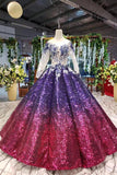 Ball Gown Ombre Sparkly Long Sleeve Sequins Prom Dresses, Quinceanera Dresses SJS15066