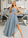 Joselyn A-Line V-neck Asymmetrical Chiffon Bridesmaid Dress With Ruffle UKP0016603