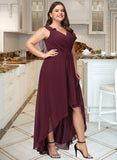 Brynlee A-line V-Neck Asymmetrical Chiffon Bridesmaid Dress With Ruffle UKP0016604