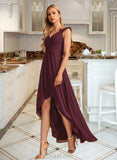 Brynlee A-line V-Neck Asymmetrical Chiffon Bridesmaid Dress With Ruffle UKP0016604