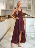 Brynlee A-line V-Neck Asymmetrical Chiffon Bridesmaid Dress With Ruffle UKP0016604