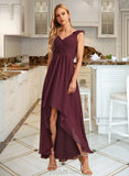 Brynlee A-line V-Neck Asymmetrical Chiffon Bridesmaid Dress With Ruffle UKP0016604