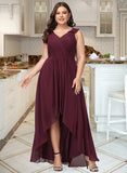 Brynlee A-line V-Neck Asymmetrical Chiffon Bridesmaid Dress With Ruffle UKP0016604