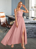 Monica A-Line V-neck Floor-Length Chiffon Lace Bridesmaid Dress With Split Front Pockets UKP0016605