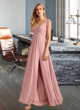 Monica A-Line V-neck Floor-Length Chiffon Lace Bridesmaid Dress With Split Front Pockets UKP0016605