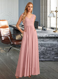 Monica A-Line V-neck Floor-Length Chiffon Lace Bridesmaid Dress With Split Front Pockets UKP0016605