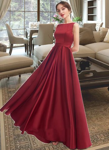 Jazlene A-Line Scoop Neck Floor-Length Satin Bridesmaid Dress UKP0016606