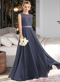 Raegan A-Line Scoop Neck Floor-Length Chiffon Satin Lace Bridesmaid Dress With Bow(s) UKP0016608