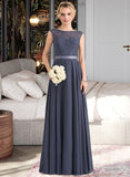 Raegan A-Line Scoop Neck Floor-Length Chiffon Satin Lace Bridesmaid Dress With Bow(s) UKP0016608