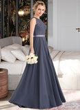 Raegan A-Line Scoop Neck Floor-Length Chiffon Satin Lace Bridesmaid Dress With Bow(s) UKP0016608