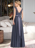 Raegan A-Line Scoop Neck Floor-Length Chiffon Satin Lace Bridesmaid Dress With Bow(s) UKP0016608