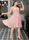 Lexie A-Line V-neck Knee-Length Chiffon Lace Bridesmaid Dress With Lace Bow(s) UKP0016613