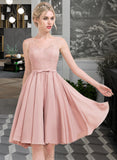 Lexie A-Line V-neck Knee-Length Chiffon Lace Bridesmaid Dress With Lace Bow(s) UKP0016613