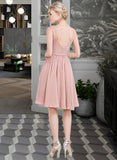 Lexie A-Line V-neck Knee-Length Chiffon Lace Bridesmaid Dress With Lace Bow(s) UKP0016613