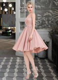 Lexie A-Line V-neck Knee-Length Chiffon Lace Bridesmaid Dress With Lace Bow(s) UKP0016613