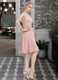 Lexie A-Line V-neck Knee-Length Chiffon Lace Bridesmaid Dress With Lace Bow(s) UKP0016613