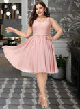 Lexie A-Line V-neck Knee-Length Chiffon Lace Bridesmaid Dress With Lace Bow(s) UKP0016613