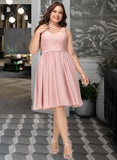 Lexie A-Line V-neck Knee-Length Chiffon Lace Bridesmaid Dress With Lace Bow(s) UKP0016613