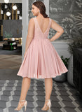 Lexie A-Line V-neck Knee-Length Chiffon Lace Bridesmaid Dress With Lace Bow(s) UKP0016613