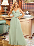 Harriet A-Line V-neck Floor-Length Chiffon Bridesmaid Dress With Ruffle Split Front UKP0016614