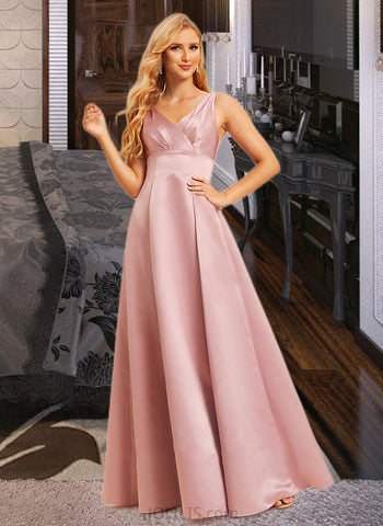 Christina A-Line V-neck Floor-Length Satin Bridesmaid Dress UKP0016615