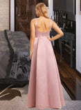 Christina A-Line V-neck Floor-Length Satin Bridesmaid Dress UKP0016615