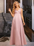 Christina A-Line V-neck Floor-Length Satin Bridesmaid Dress UKP0016615