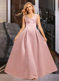 Christina A-Line V-neck Floor-Length Satin Bridesmaid Dress UKP0016615