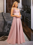 Christina A-Line V-neck Floor-Length Satin Bridesmaid Dress UKP0016615