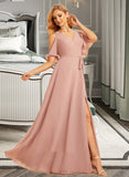 Marlie A-Line V-neck Floor-Length Chiffon Bridesmaid Dress With Split Front UKP0016616