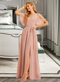 Marlie A-Line V-neck Floor-Length Chiffon Bridesmaid Dress With Split Front UKP0016616