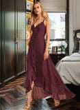 Lillie A-Line V-neck Asymmetrical Chiffon Bridesmaid Dress With Ruffle Split Front UKP0016618