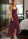 Lillie A-Line V-neck Asymmetrical Chiffon Bridesmaid Dress With Ruffle Split Front UKP0016618