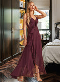 Lillie A-Line V-neck Asymmetrical Chiffon Bridesmaid Dress With Ruffle Split Front UKP0016618