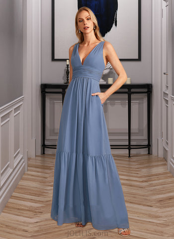 Tamia A-Line V-neck Floor-Length Chiffon Bridesmaid Dress With Pockets UKP0016619