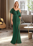 Eleanor Sheath/Column V-neck Floor-Length Satin Bridesmaid Dress With Split Front UKP0016621