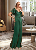 Eleanor Sheath/Column V-neck Floor-Length Satin Bridesmaid Dress With Split Front UKP0016621